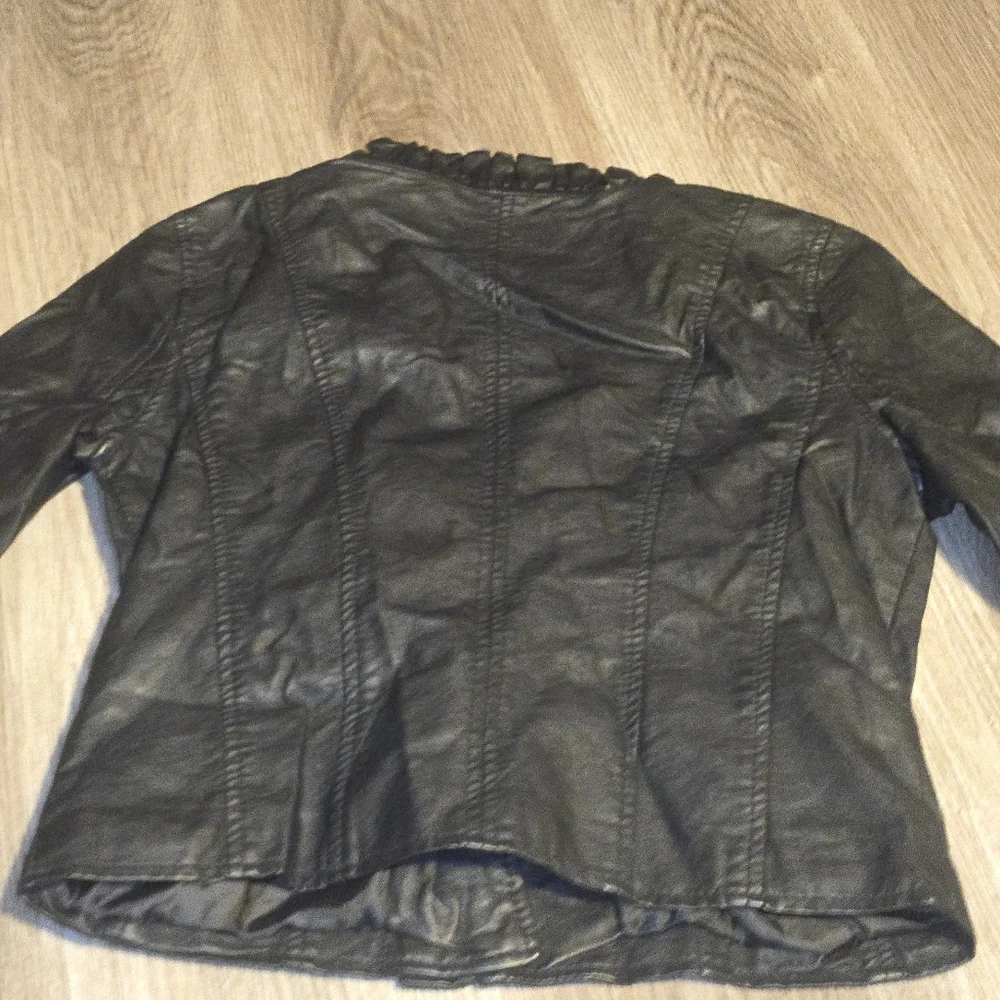 Jou Jou Kids Black Leather Jacket with Ruffle Detail